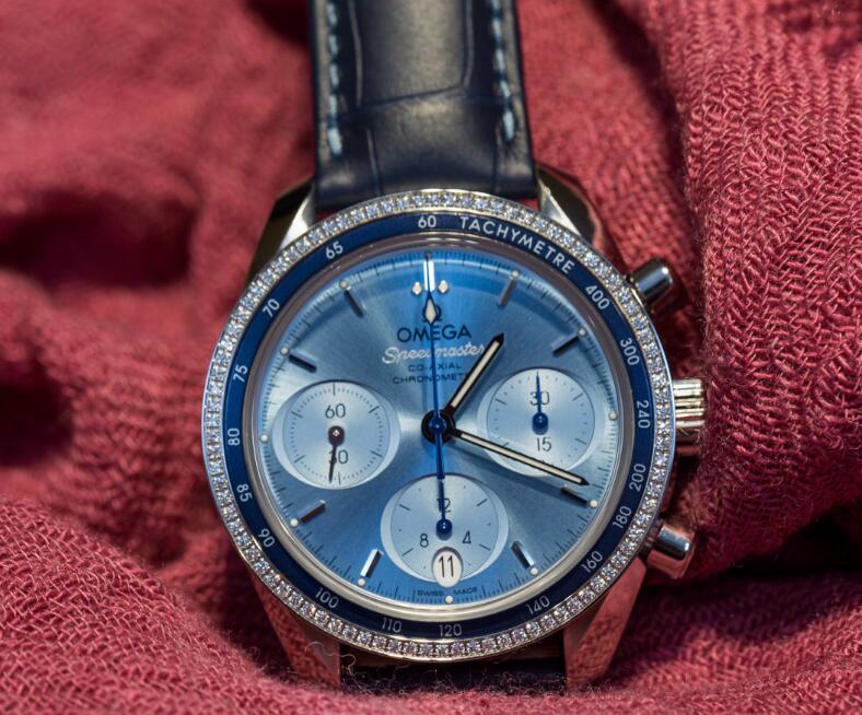 The blue leather strap matches the ice blue dial perfectly.